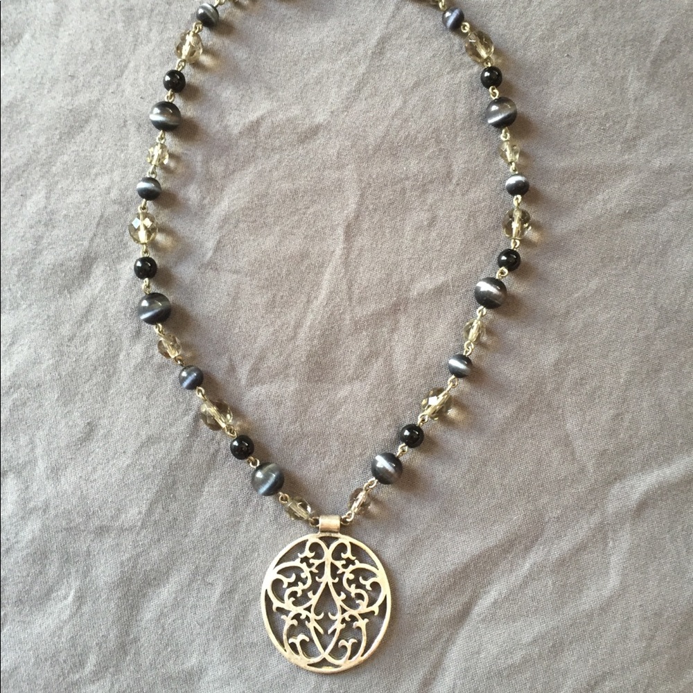 NY & Company Silver-tone “Tigereye” beaded necklace w/ round metal pendant